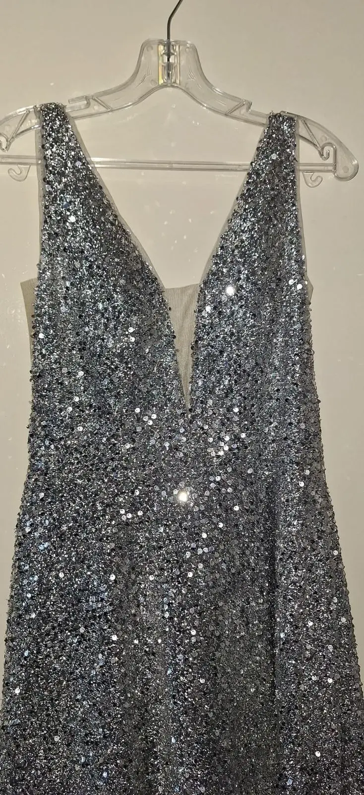 Silver Sequin Sleeveless Maxi Dress with Leg Slit