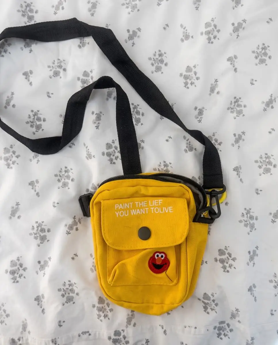 Canary Yellow Canvas Mini Festival Crossbody Bag with Elmo Patch & Slogan