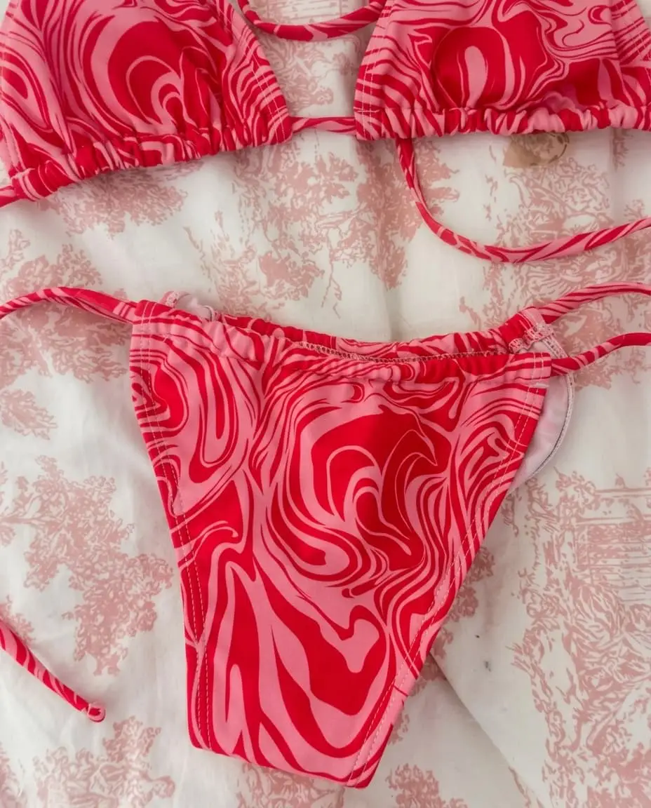 SHEIN Pink & Red Liquid Swirl Retro Print String Triangle Bikini Set (Size S)