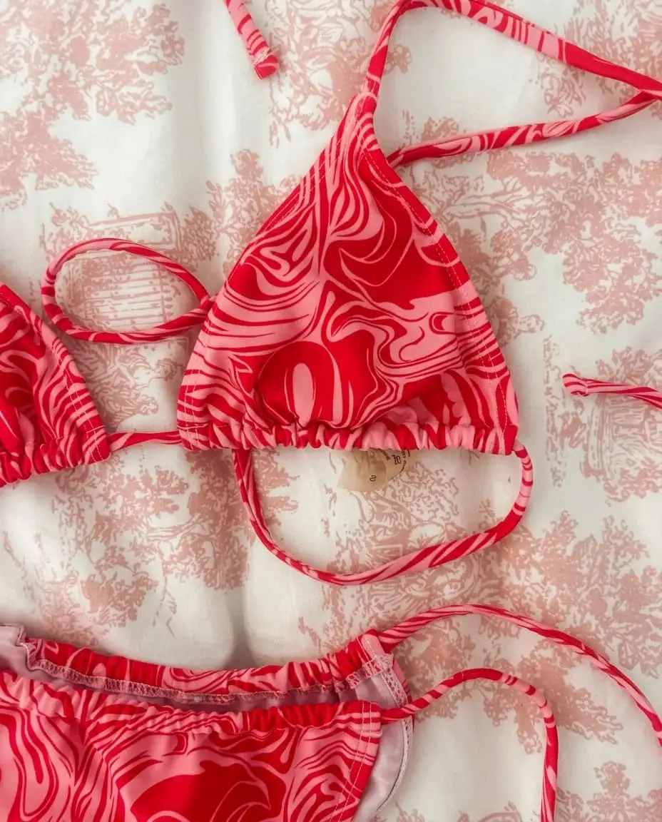 SHEIN Pink & Red Liquid Swirl Retro Print String Triangle Bikini Set (Size S)