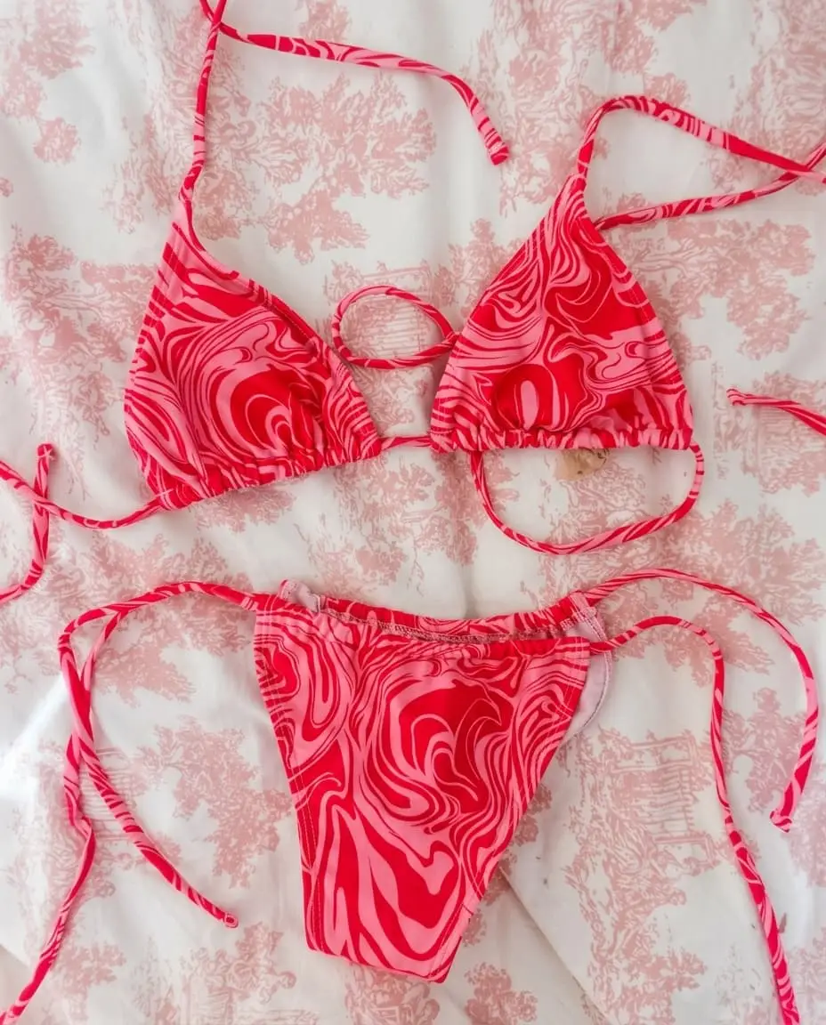 SHEIN Pink & Red Liquid Swirl Retro Print String Triangle Bikini Set (Size S)