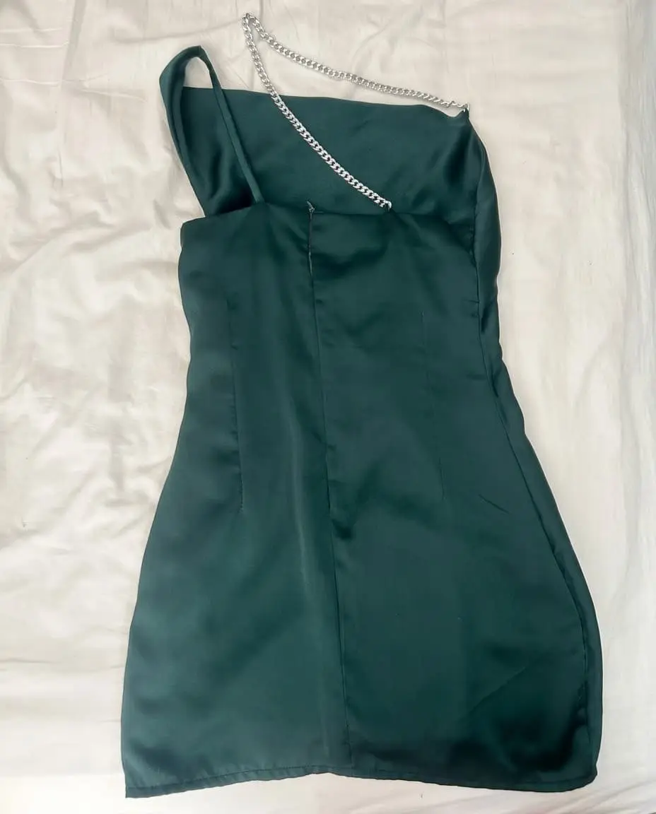 Handmade Emerald Green Satin One-Shoulder Asymmetrical Mini Dress (Size XS)