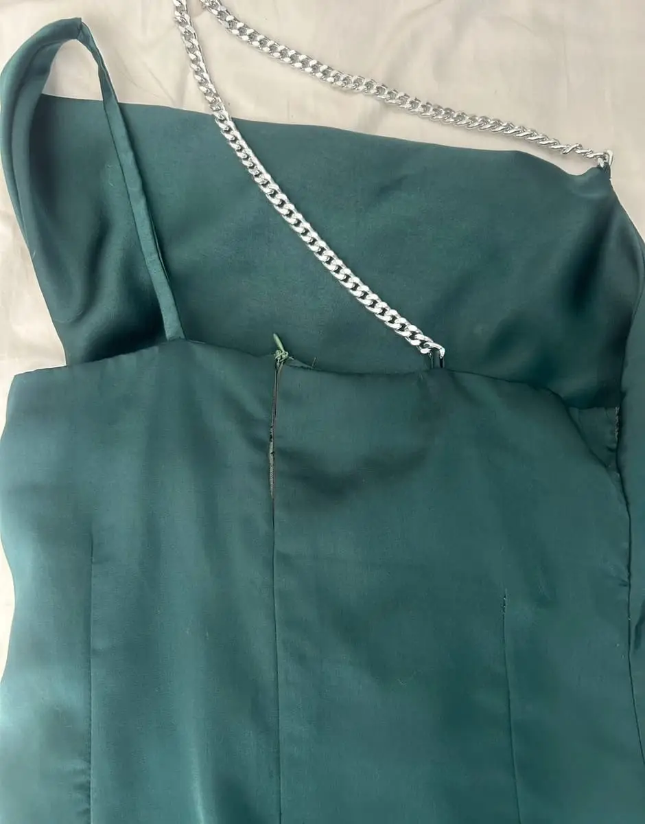 Handmade Emerald Green Satin One-Shoulder Asymmetrical Mini Dress (Size XS)