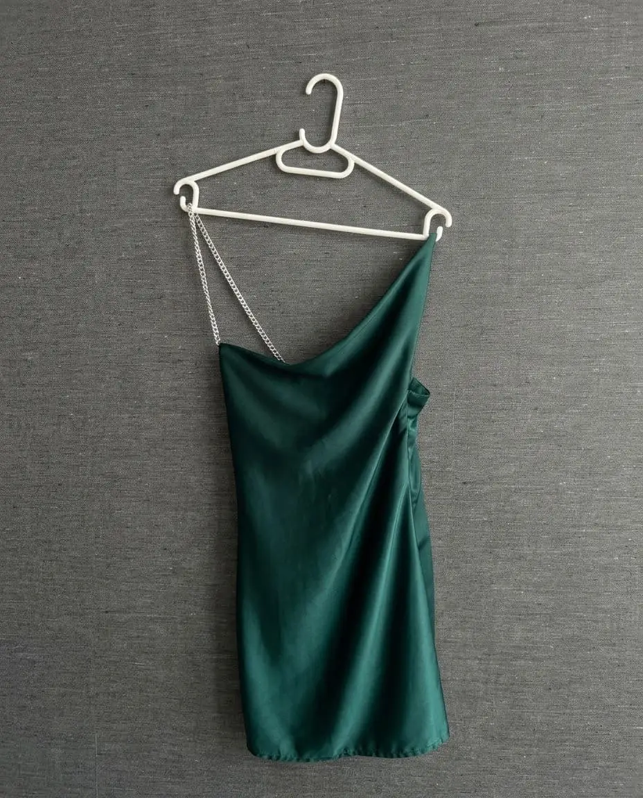 Handmade Emerald Green Satin One-Shoulder Asymmetrical Mini Dress (Size XS)