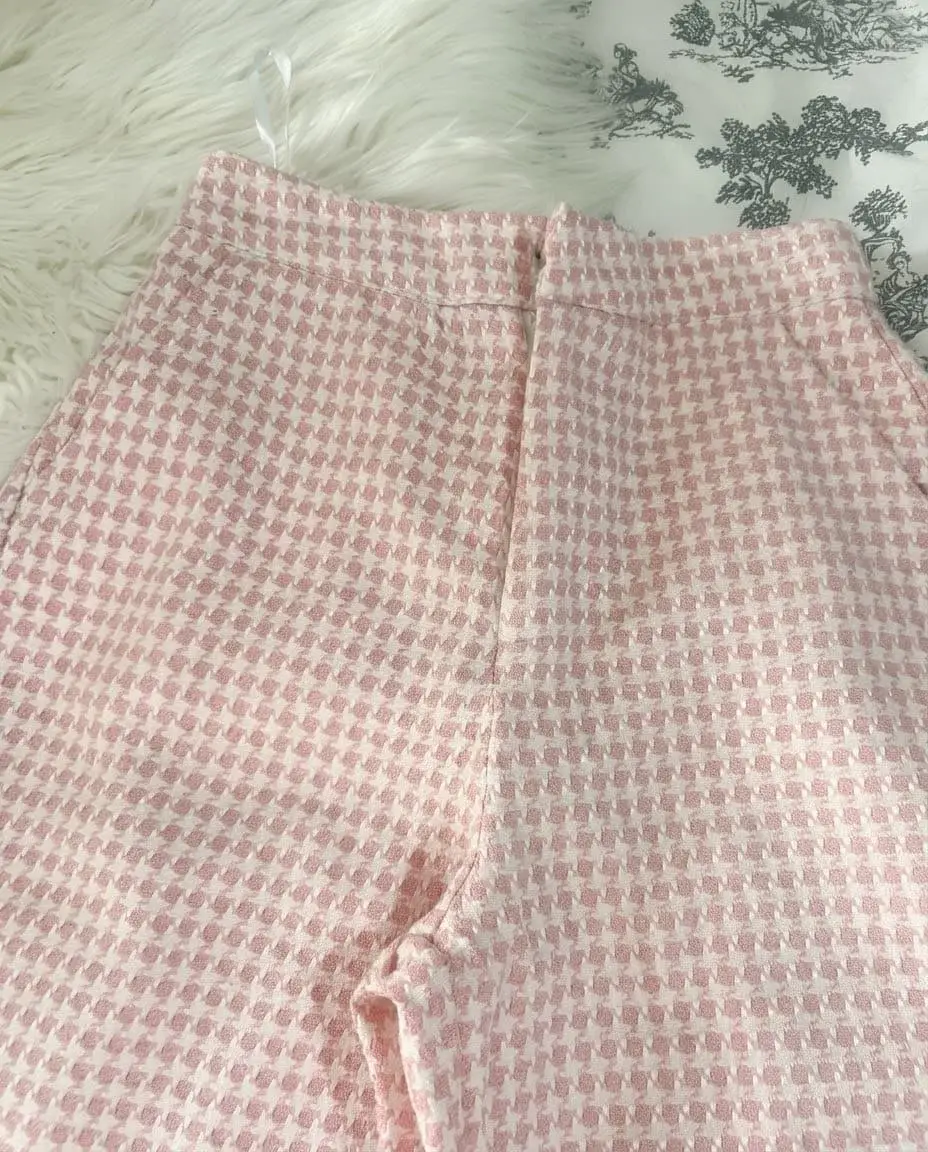 Mr Price Pink & White Houndstooth Tweed High-Waisted Trousers (Size 26 Petite