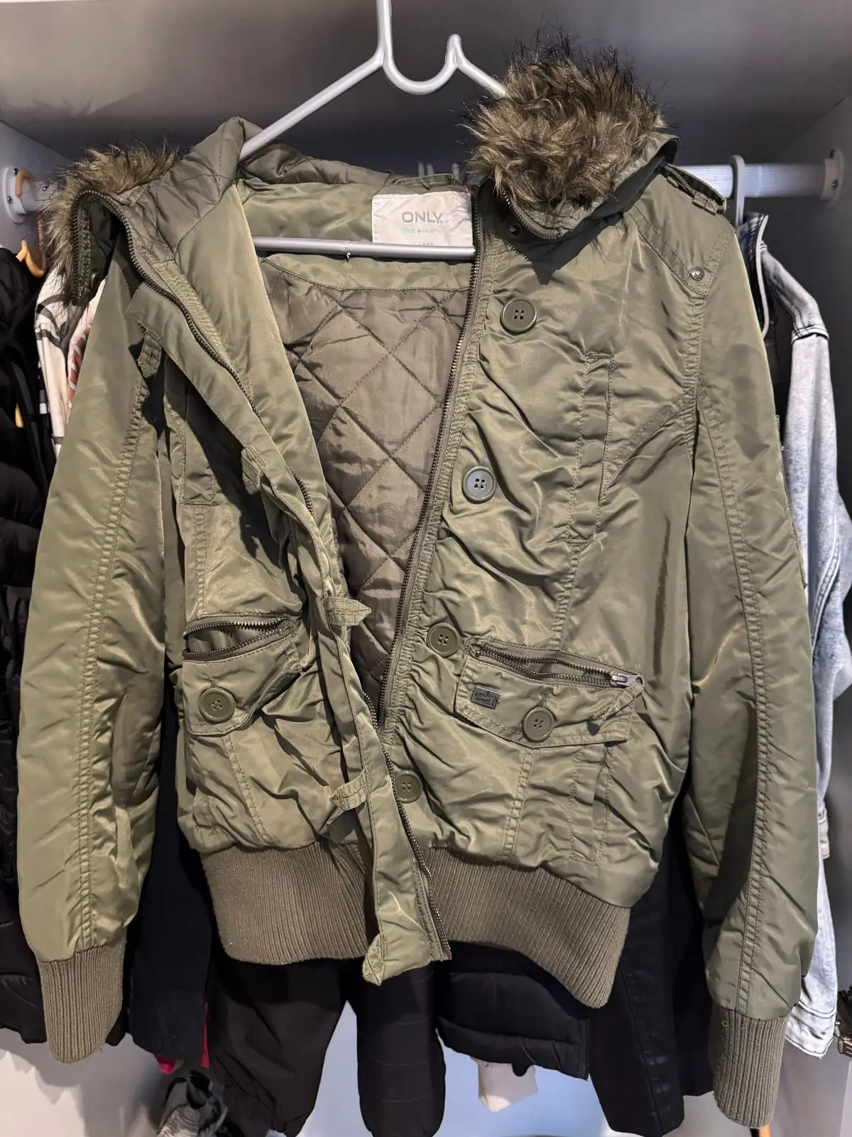 Only Olive Green Hooded Bomber Jacket