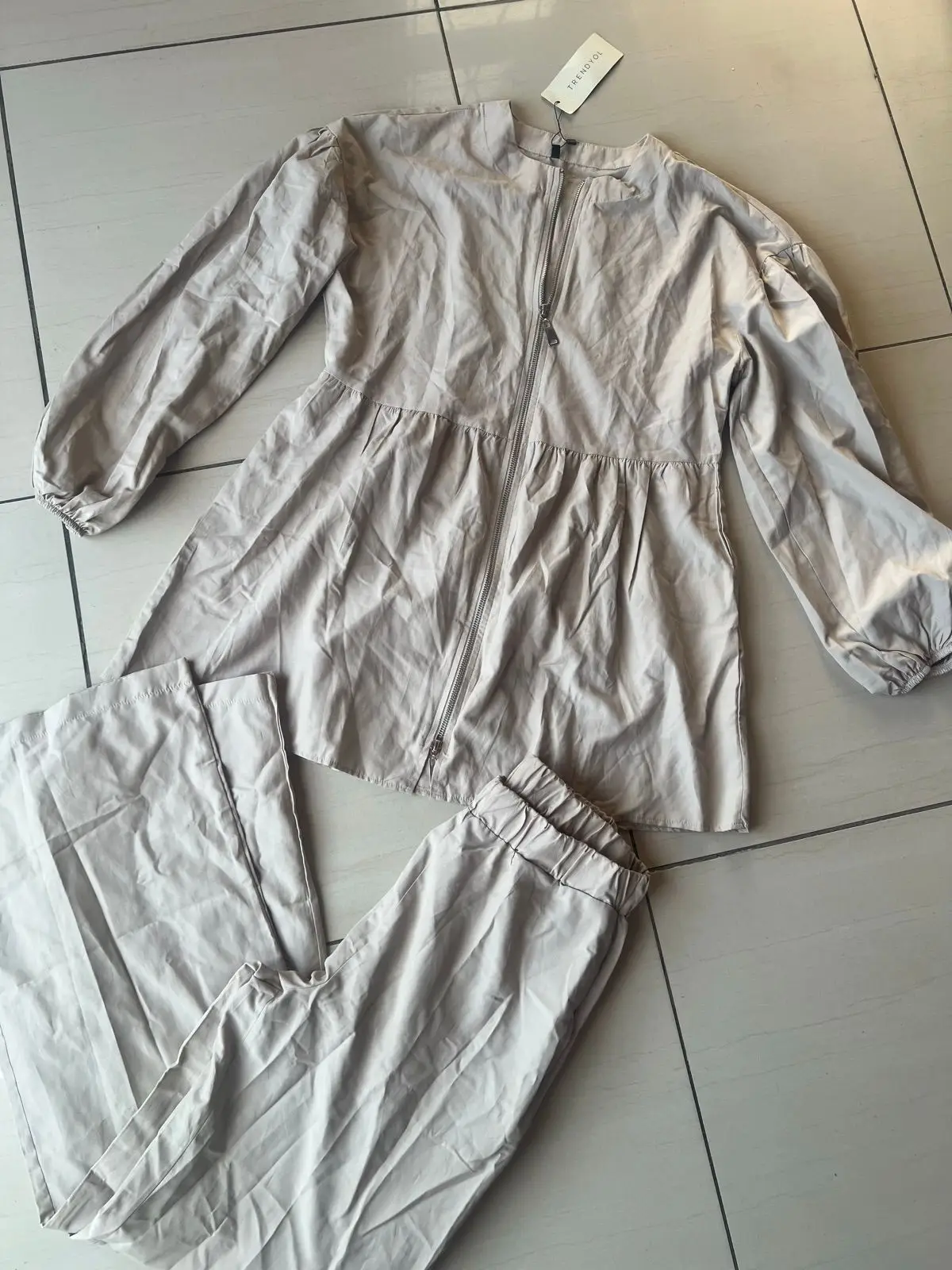 Trendyol Beige Two-Piece Zip Top and Pants Set