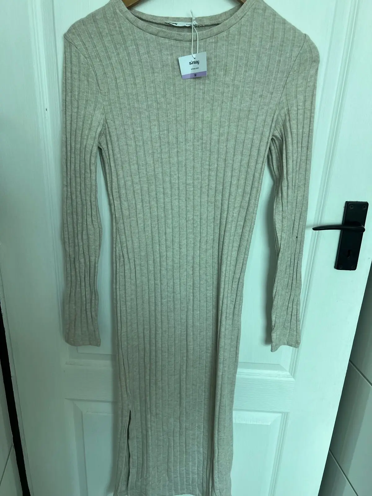 Trendyol Sinsay Ribbed Long-Sleeve Midi Dress Beige Size M