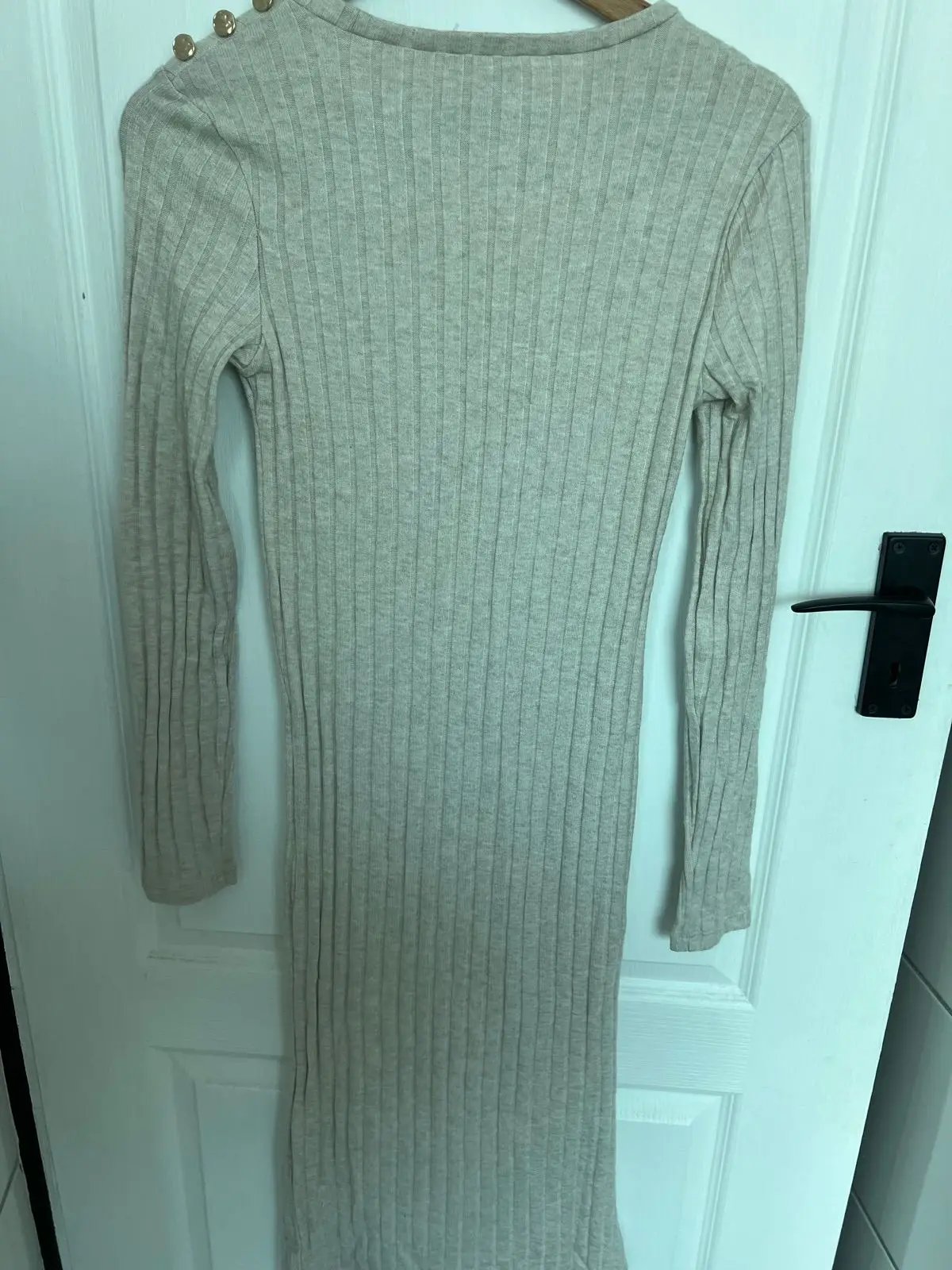 Sinsay Ribbed Long-Sleeve Midi Dress Beige Size M