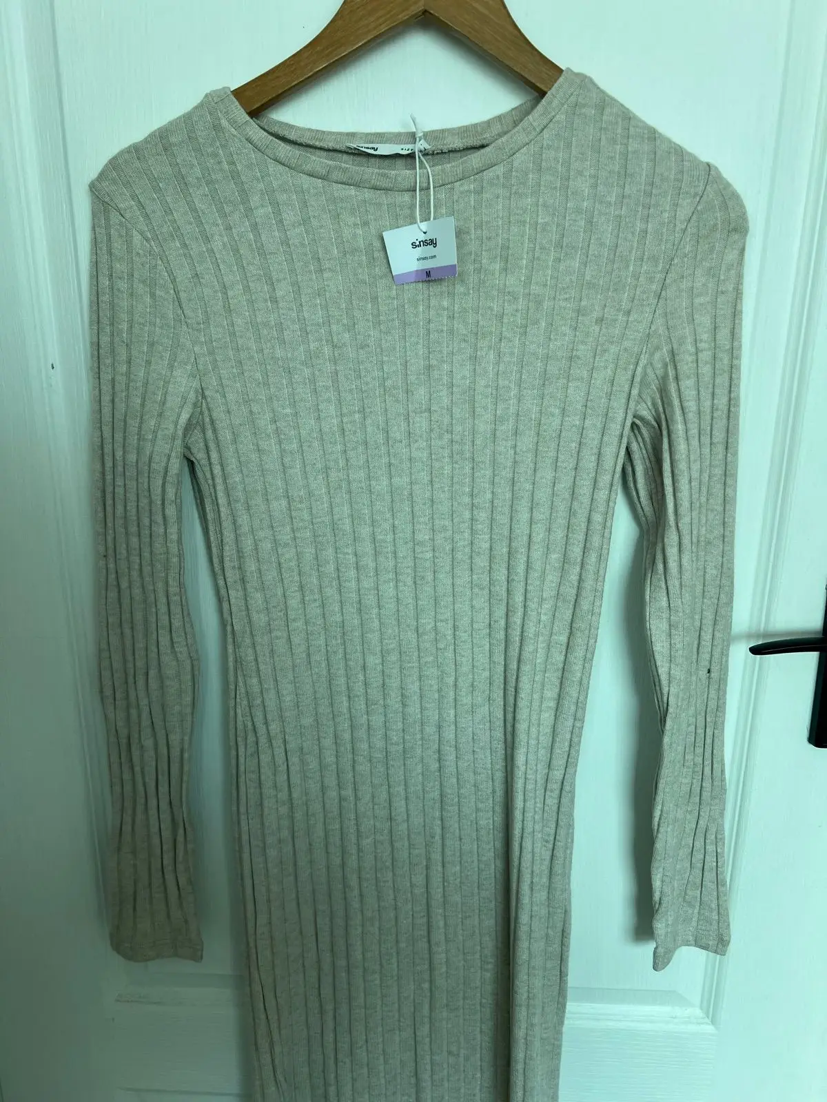 Sinsay Ribbed Long-Sleeve Midi Dress Beige Size M