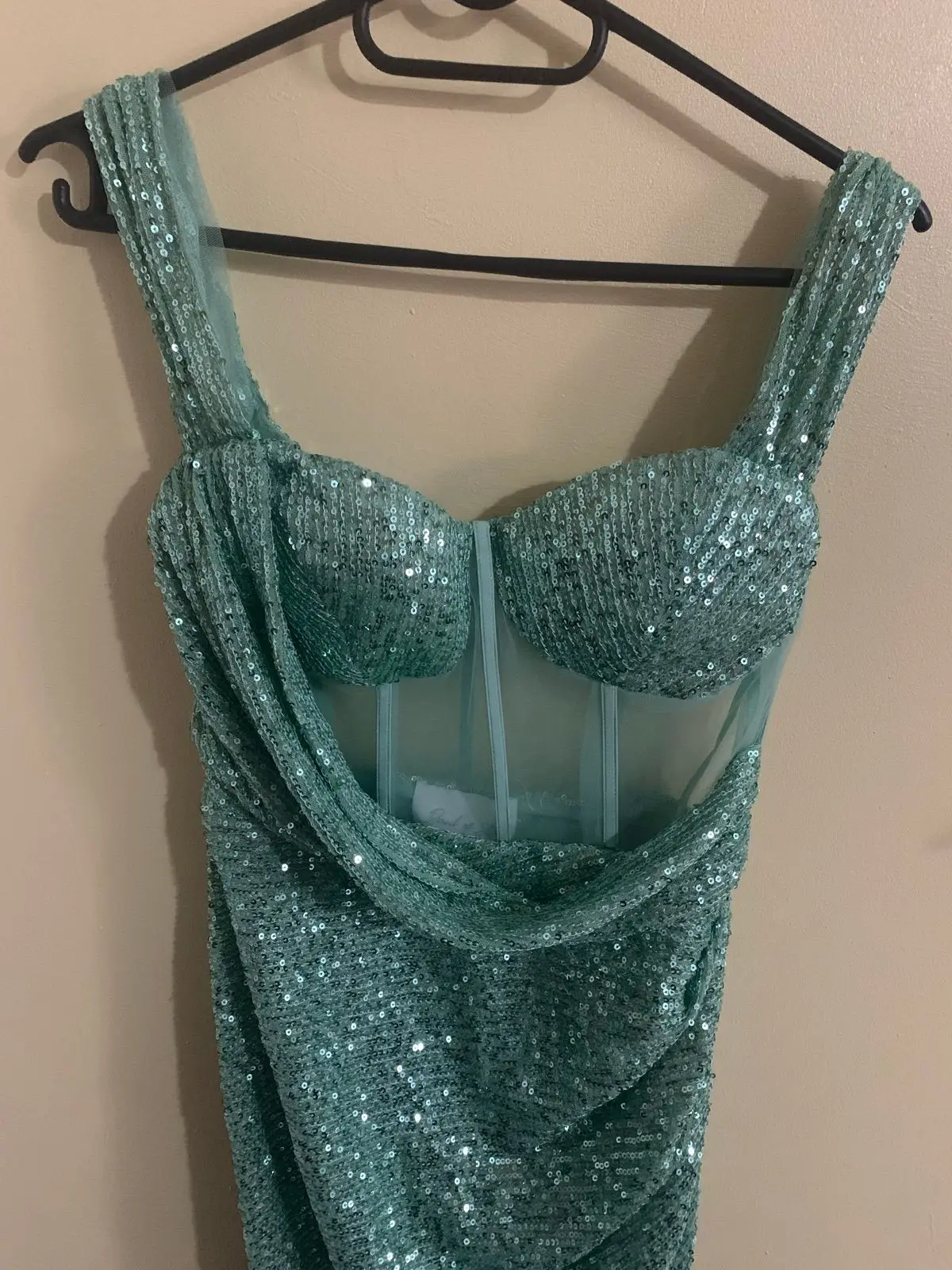 Green Sequin Draped Mini Dress