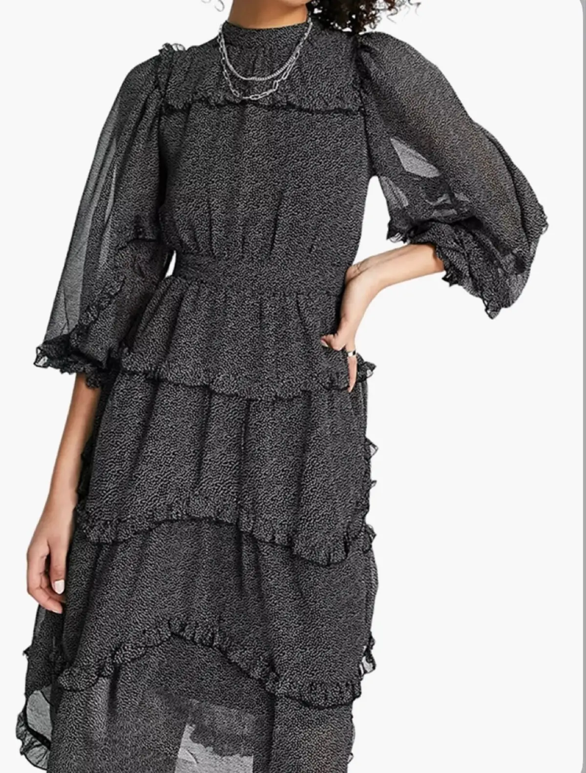 Topshop Black Polka Dot Ruffled Long Sleeve Dress Size S