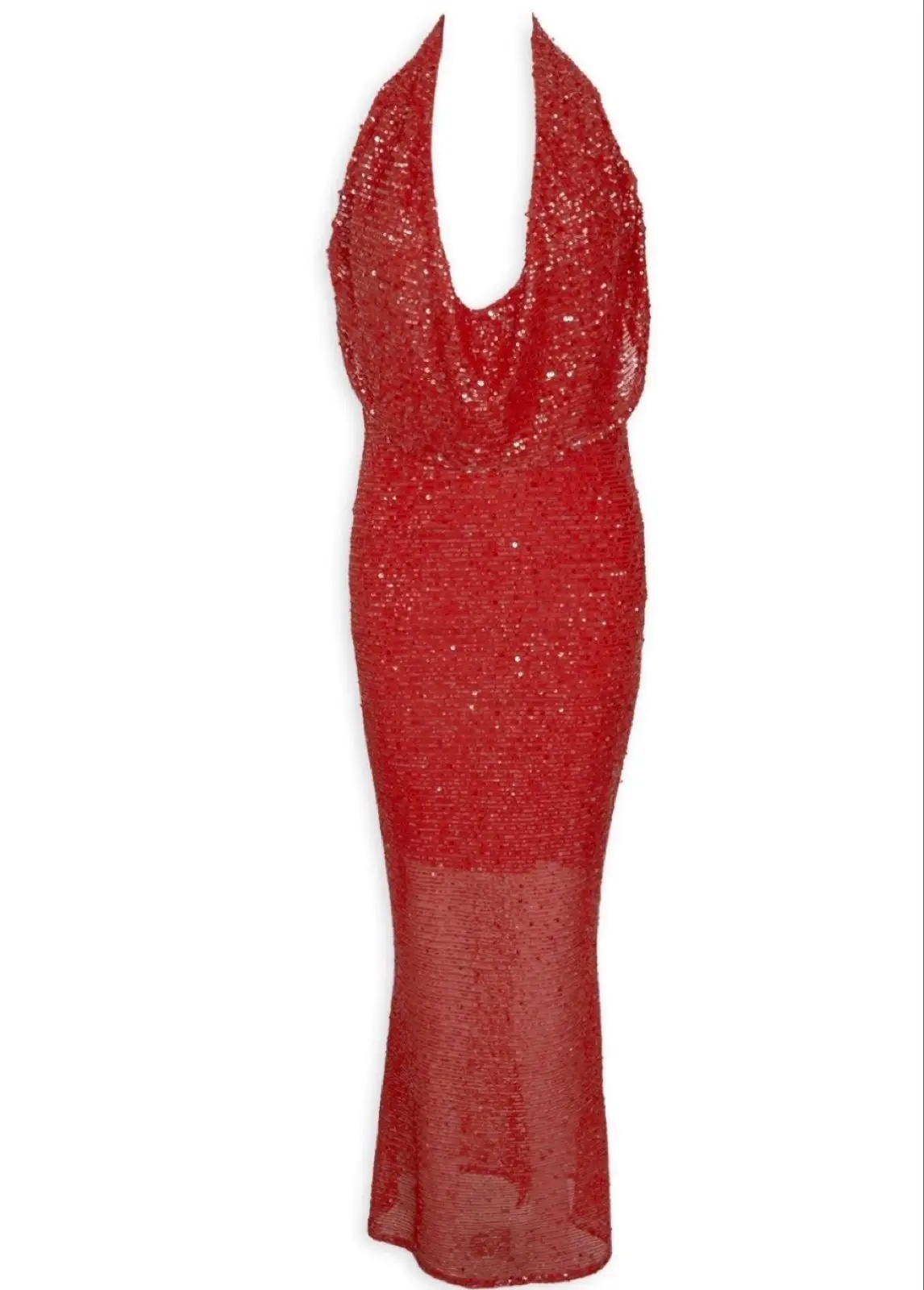 Red Sequin Halter Neck Maxi Dress
