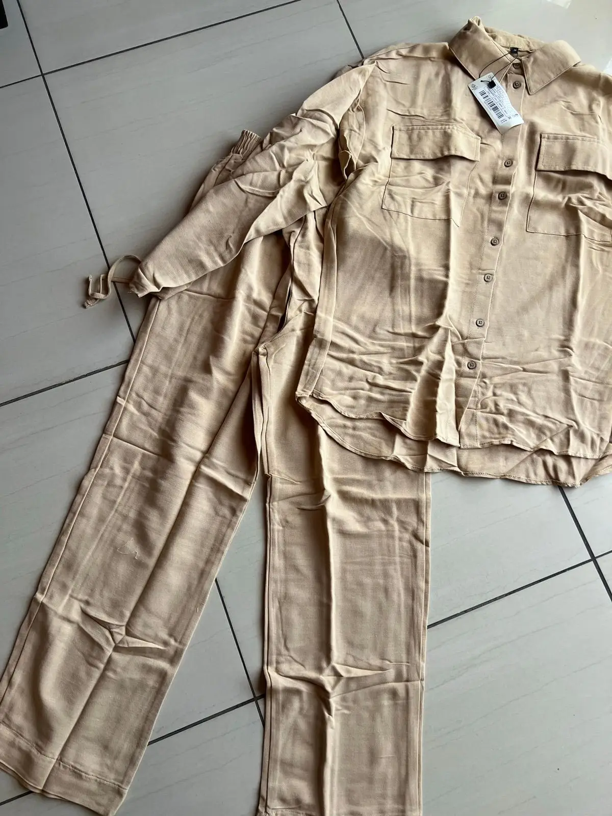 Trendyol Beige Two-Piece Button-Up Shirt and Pants Set Size M