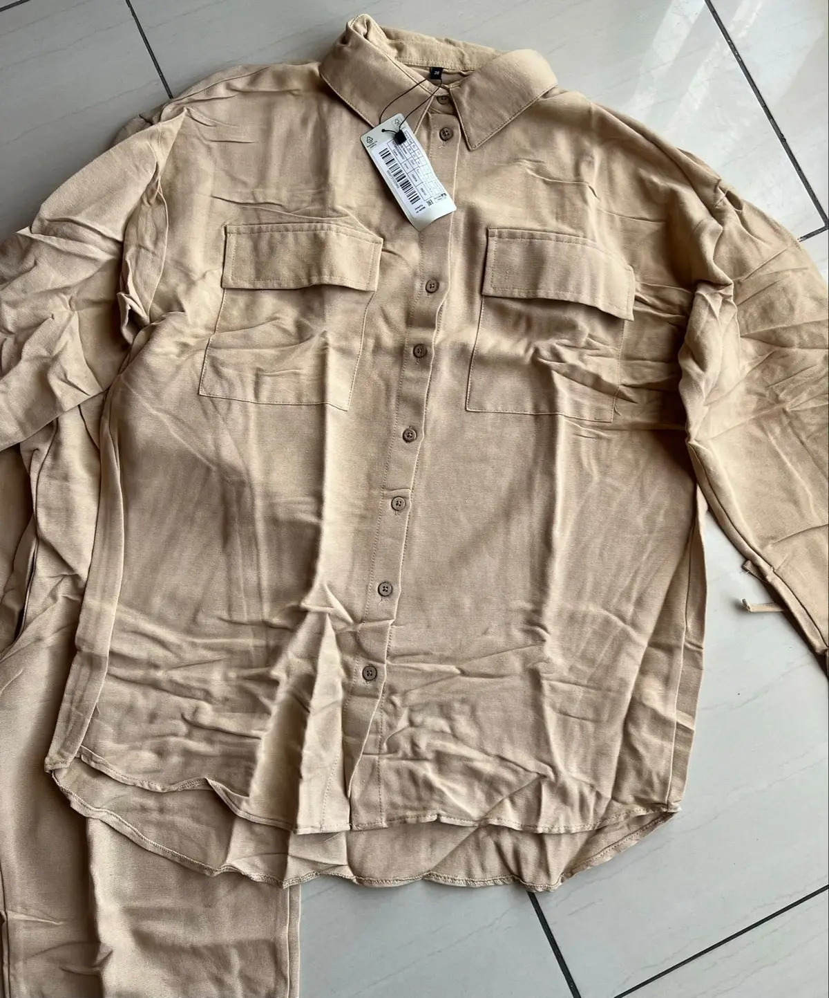 Trendyol Beige Two-Piece Button-Up Shirt and Pants Set Size M