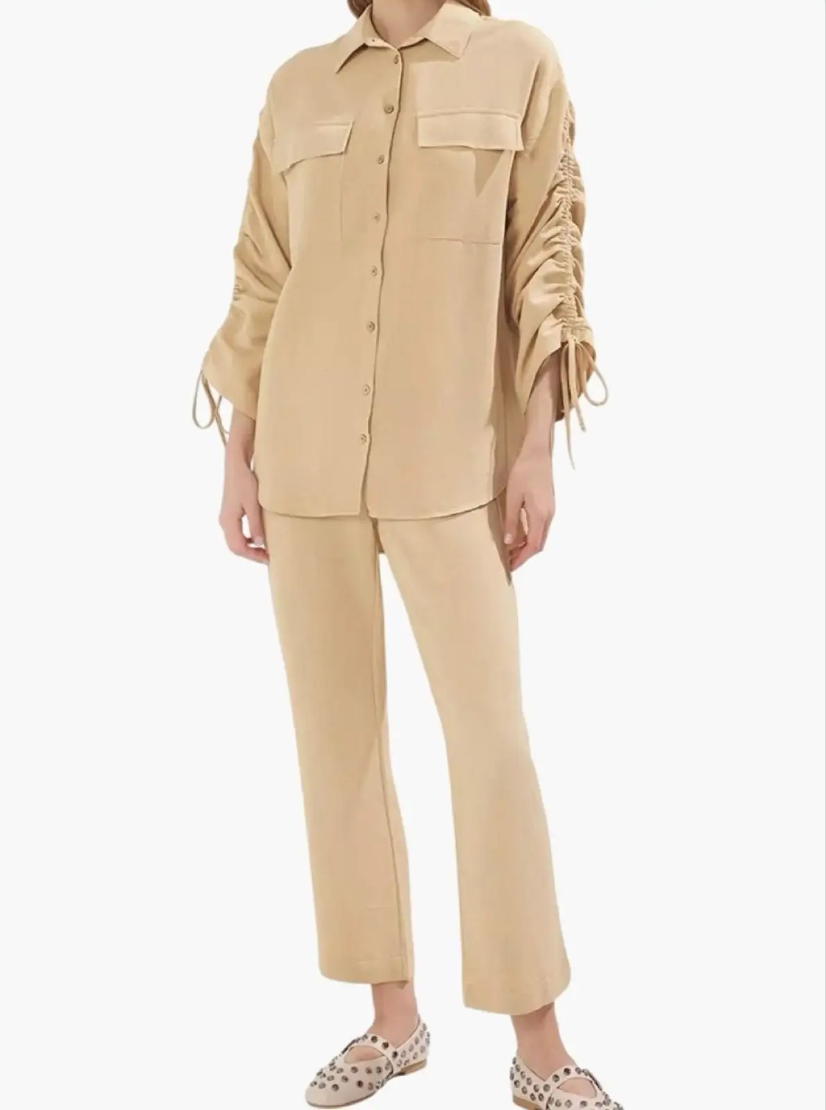 Trendyol Beige Two-Piece Button-Up Shirt and Pants Set Size M