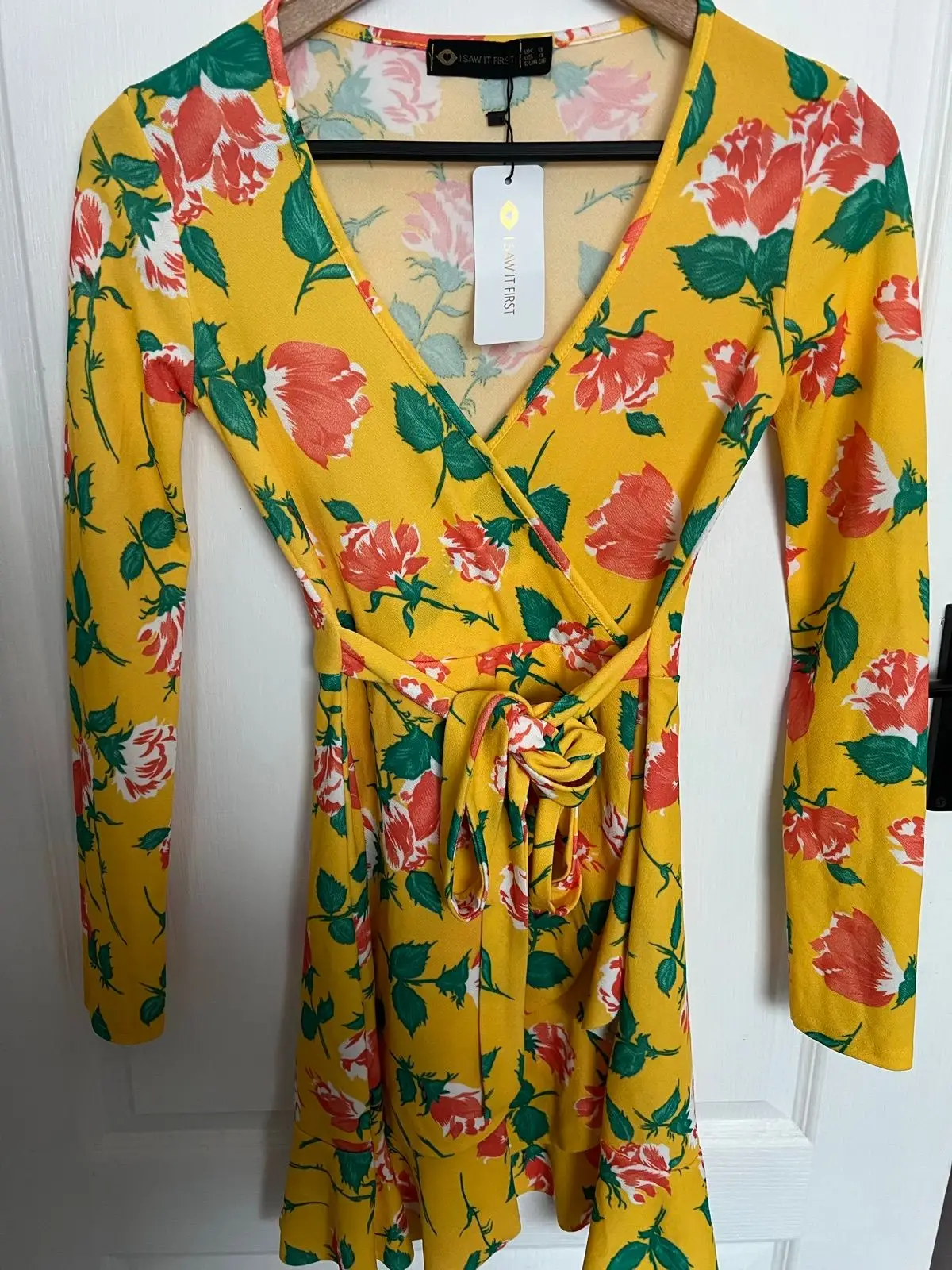 I Saw It First Yellow Floral Wrap Dress with Long Sleeves