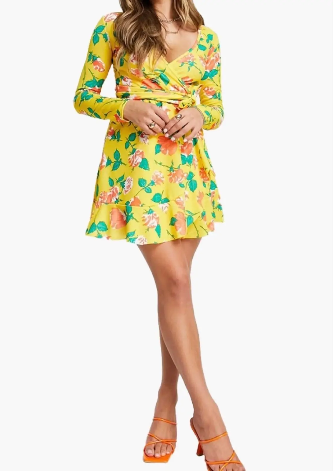 I Saw It First Yellow Floral Wrap Dress with Long Sleeves