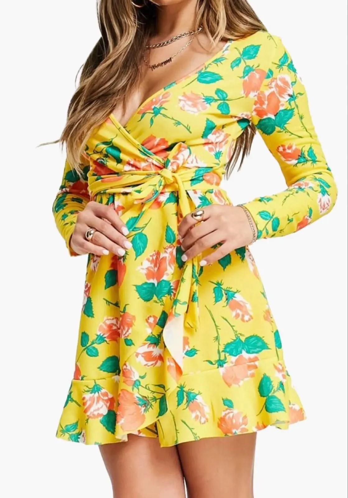 I Saw It First Yellow Floral Wrap Dress with Long Sleeves