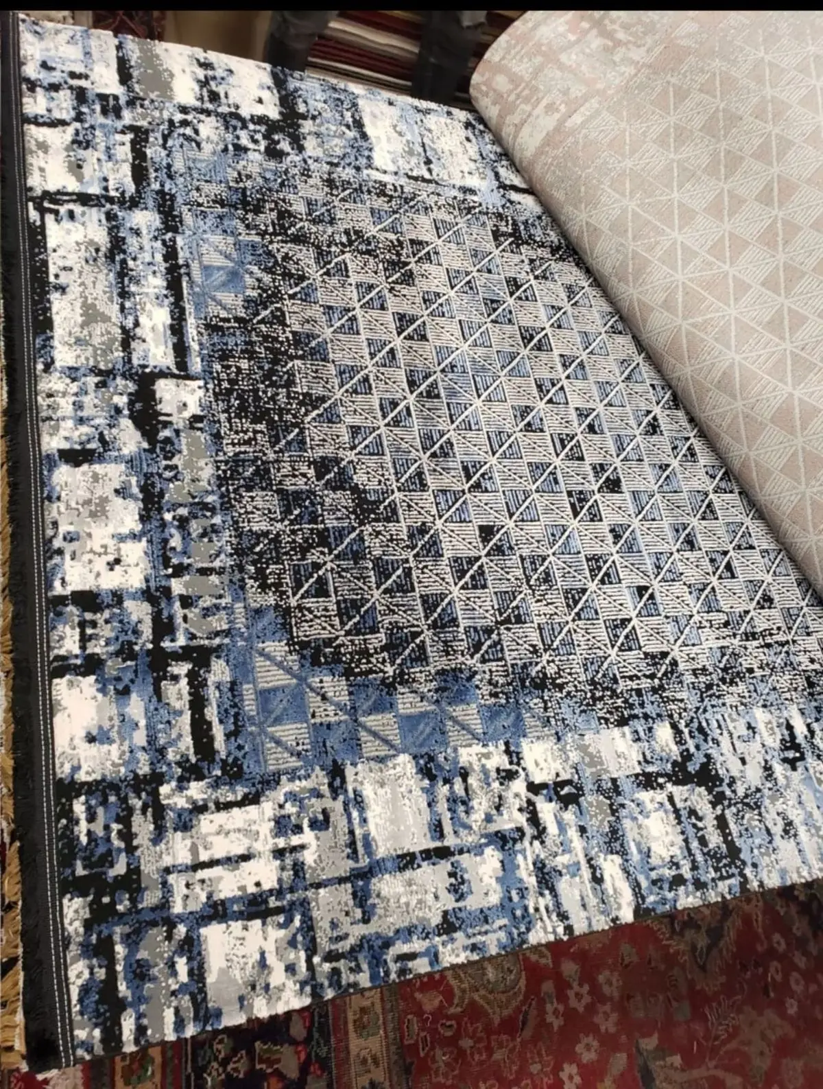 Turkish Area Rug Blue Black White Geometric 230x160
