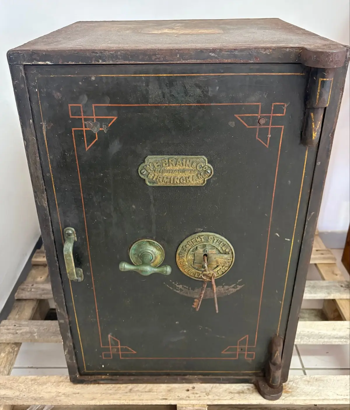 Antique W.E. Brain & Co. Birmingham Steel Safe with Keys