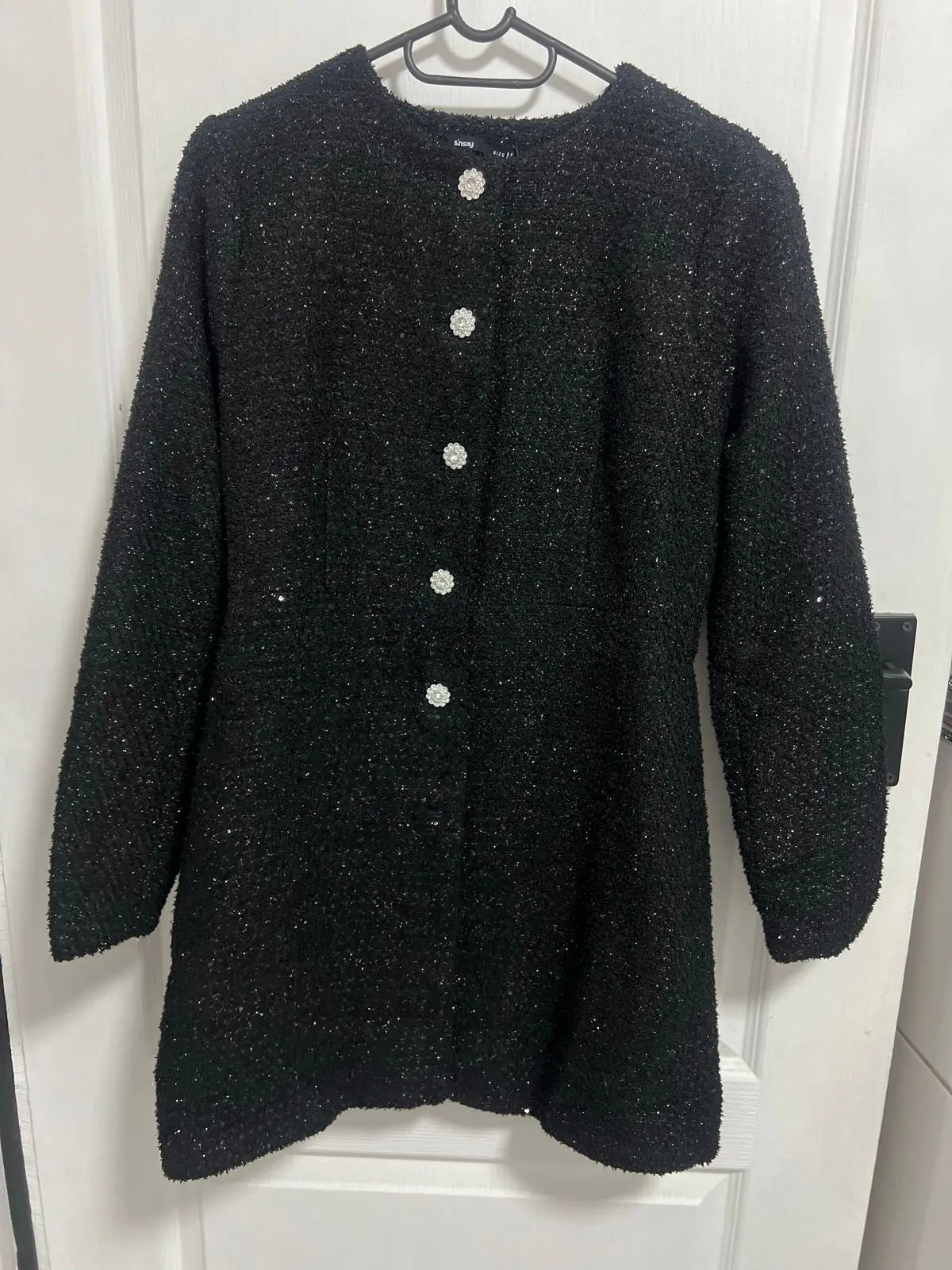 Sinsay Black Textured Dress with Crystal Buttons