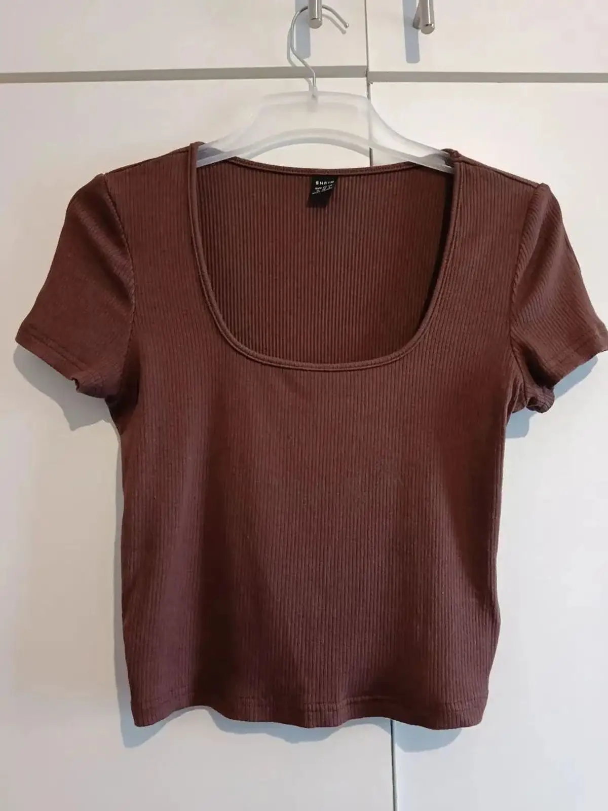 Shein Brown Ribbed Square Neck T-Shirt
