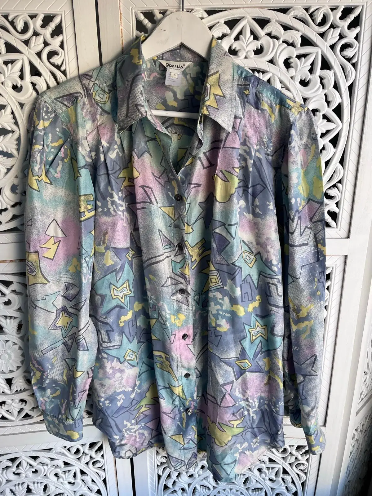 Vintage DorMan 100% Silk Abstract Pastel Blouse