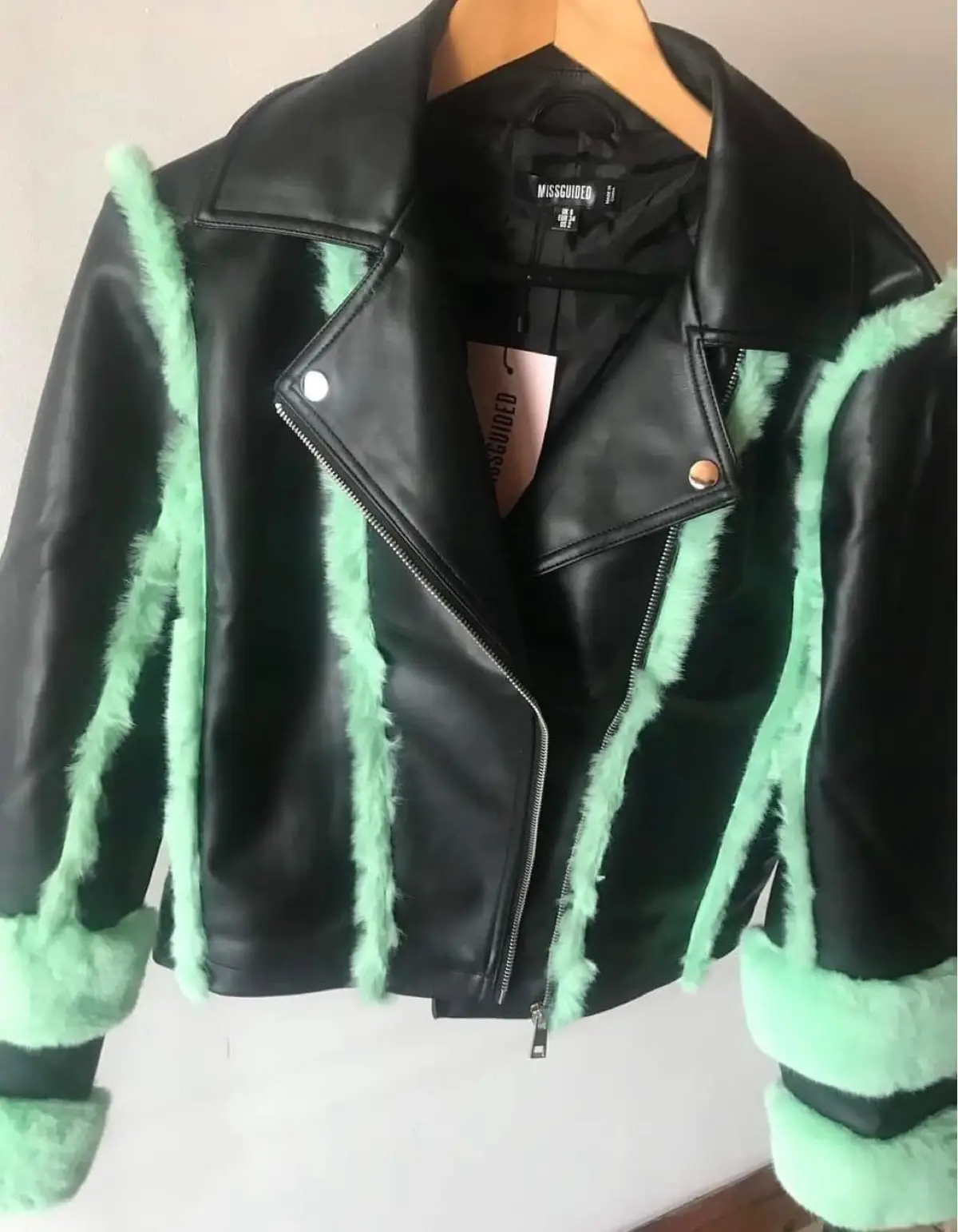 Missguided Black and Green Faux Leather Jacket UK 12