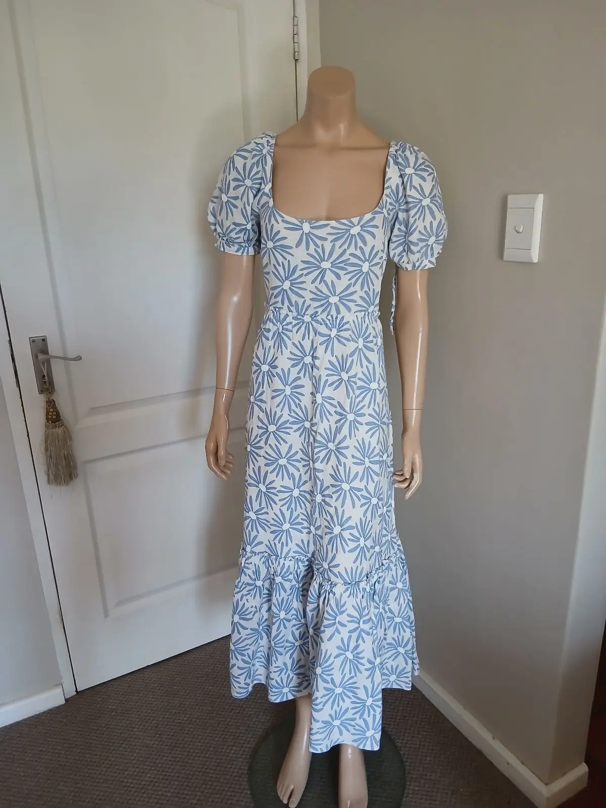Polo Blue & White Daisy Print Square Neck Maxi Dress