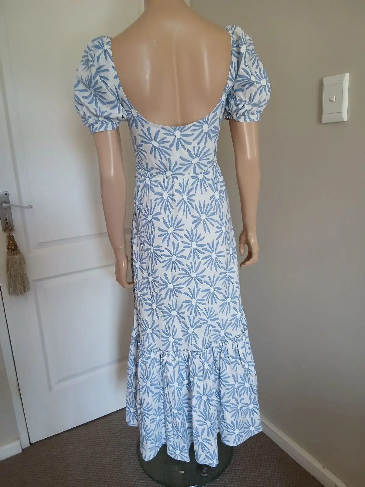 Polo Blue & White Daisy Print Square Neck Maxi Dress