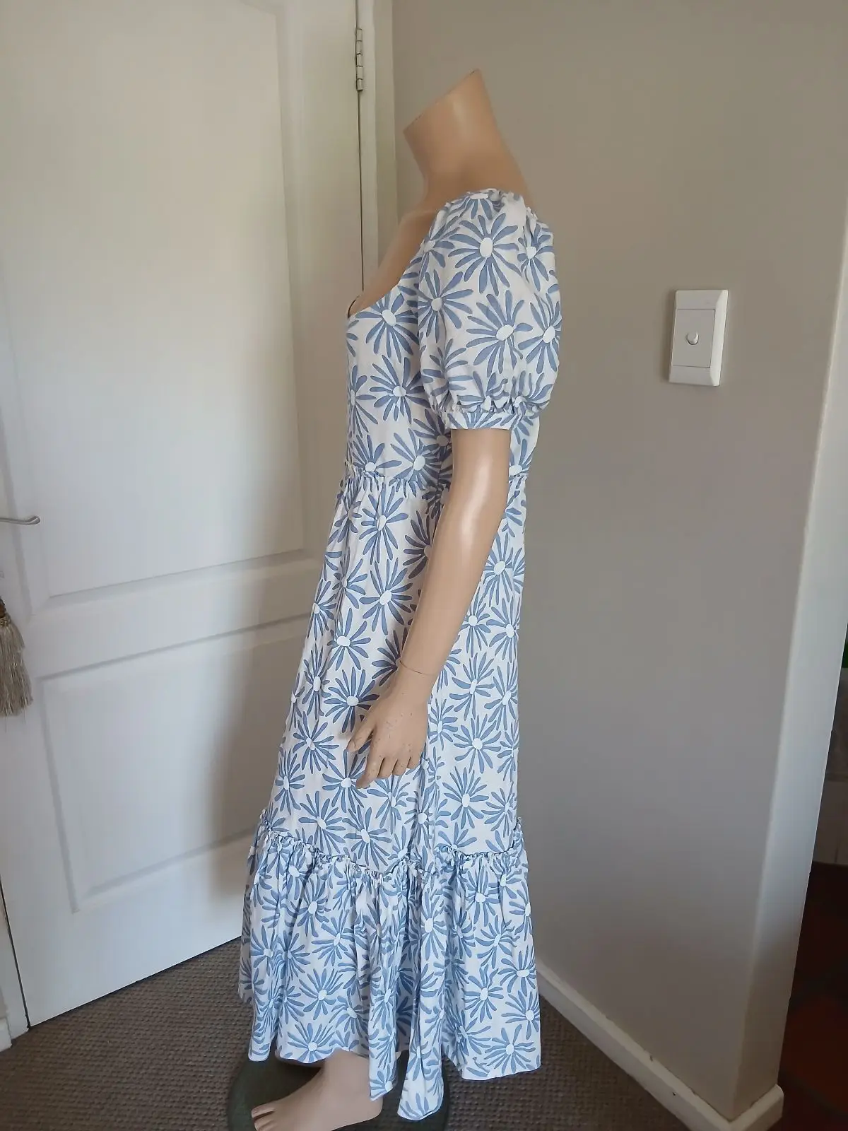 Polo Blue & White Daisy Print Square Neck Maxi Dress