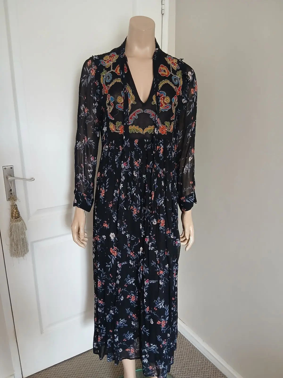 Zara Black Embroidered Beaded Maxi Dress