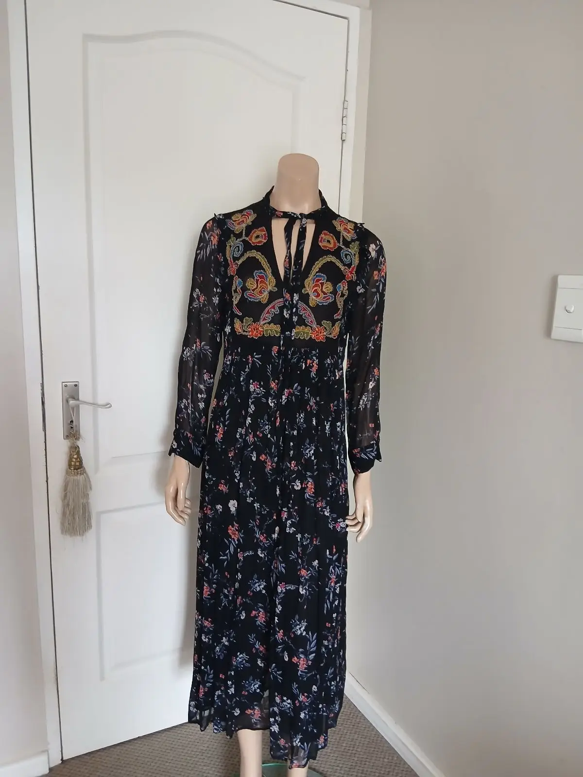 Zara Black Embroidered Beaded Maxi Dress