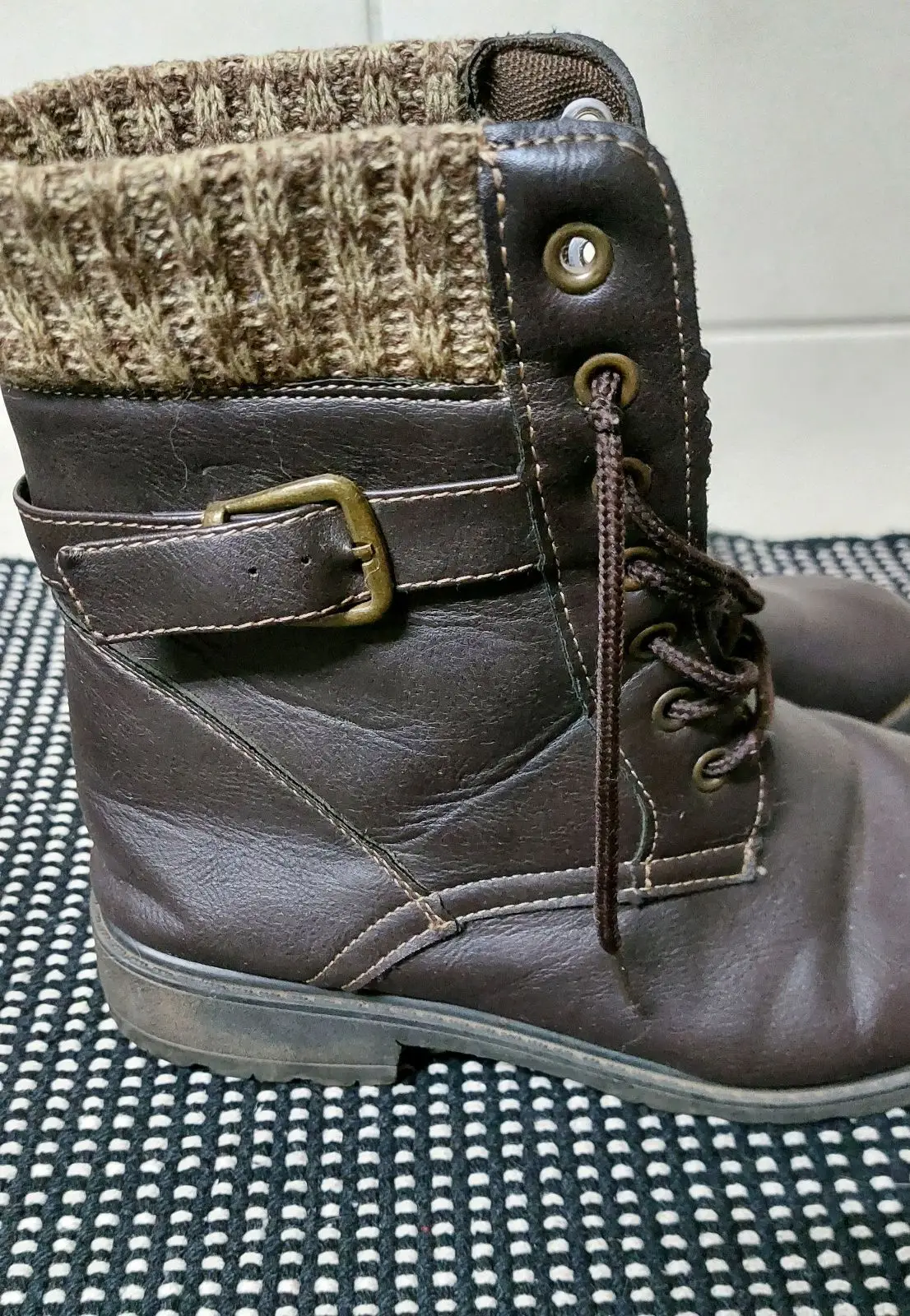 Brown Lace-Up Boots with Knit Cuff Size 6