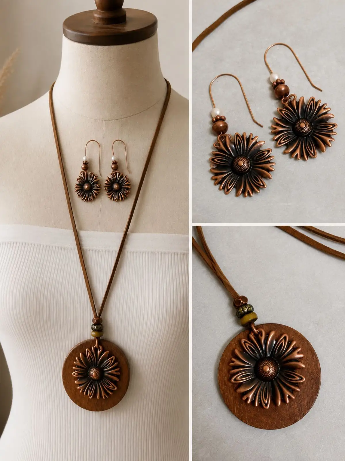 Copper-Tone Sunflower Pendant Necklace and Earrings Set