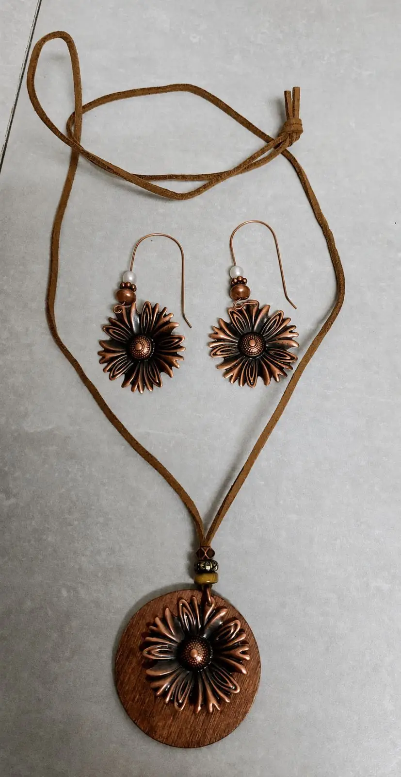 Copper-Tone Sunflower Pendant Necklace and Earrings Set