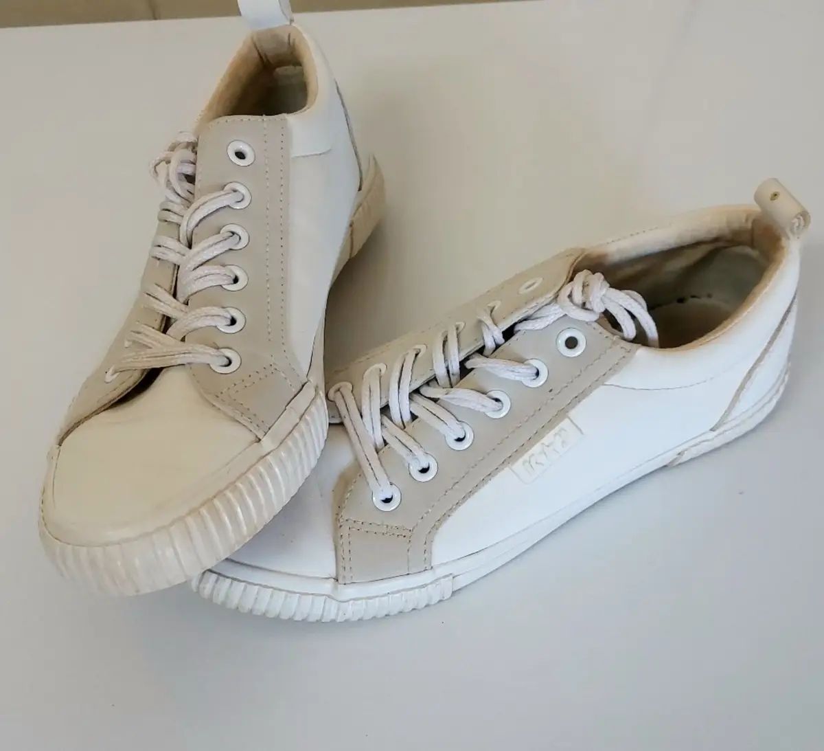 White and Beige Low-Top Sneakers Size 5