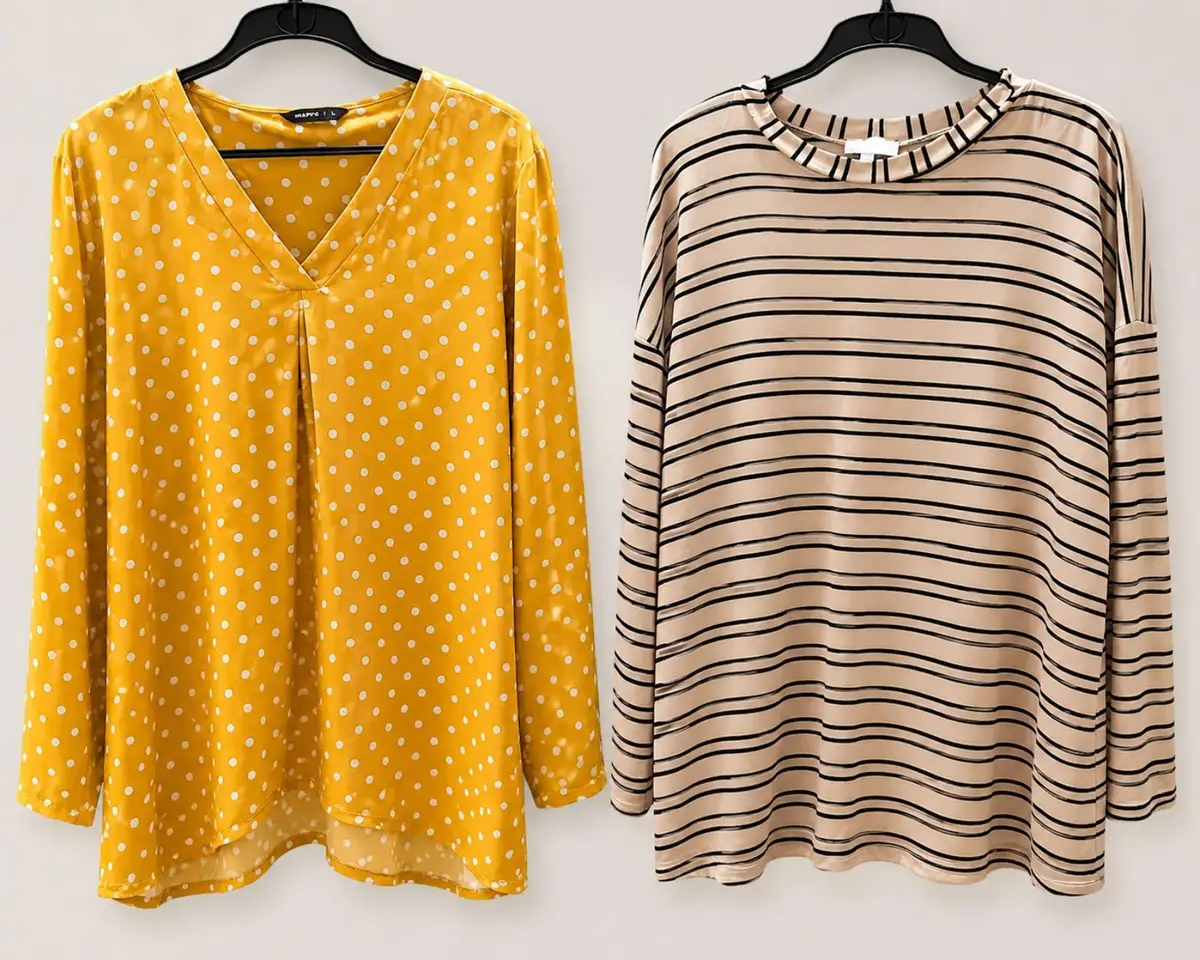 2x Long Sleeve Tops Yellow Polka Dot Beige Striped Bundle XL