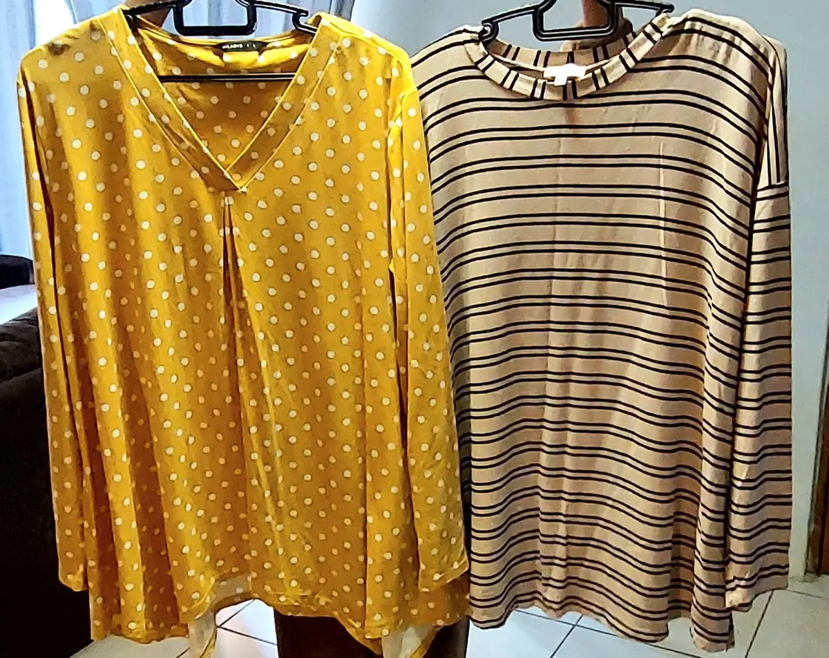 2x Long Sleeve Tops Yellow Polka Dot Beige Striped Bundle XL