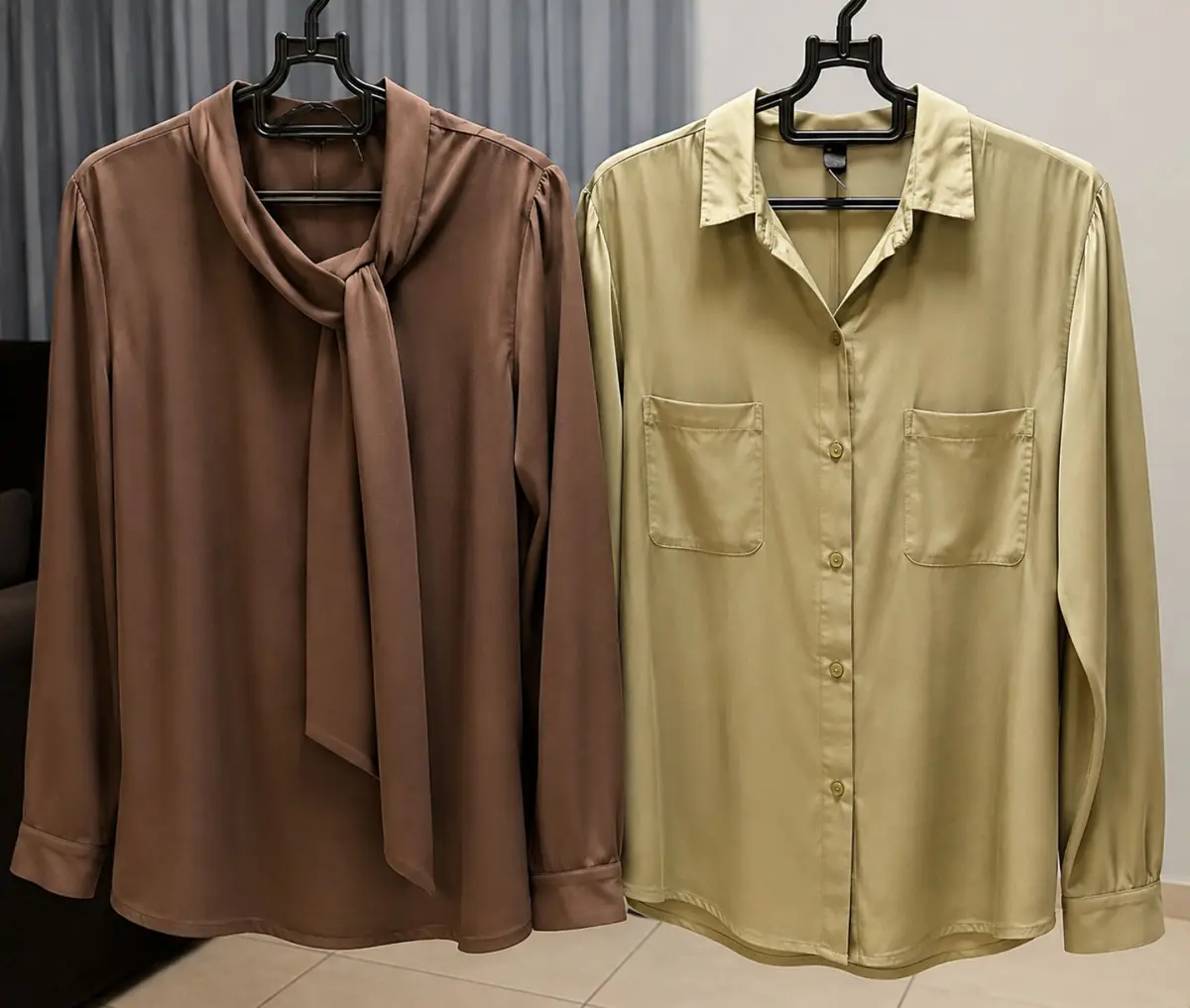 Bundle of 2 Long-Sleeve Tops Brown and Olive Size M