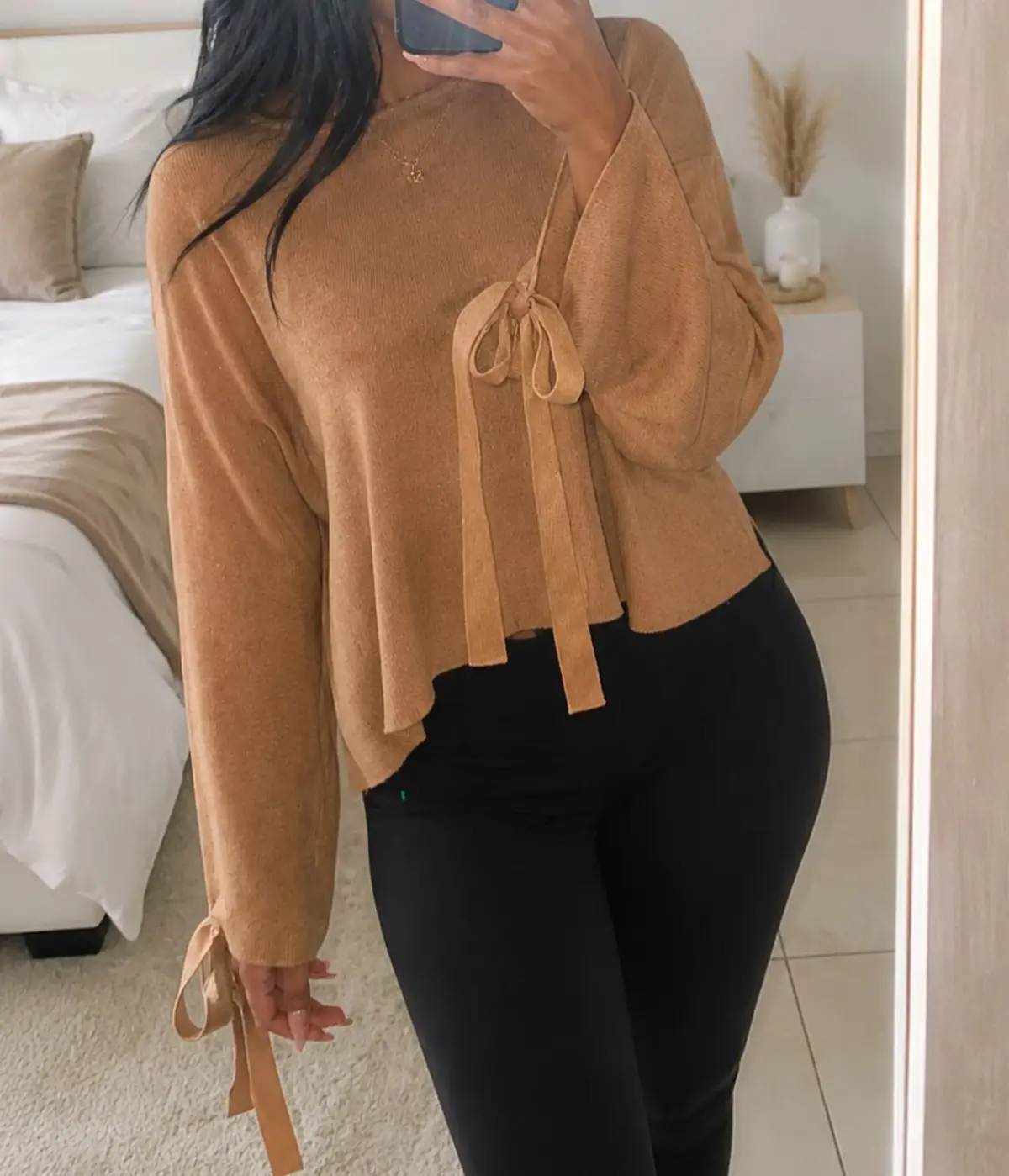 G Couture Tan Long-Sleeve Top with Tie Detail