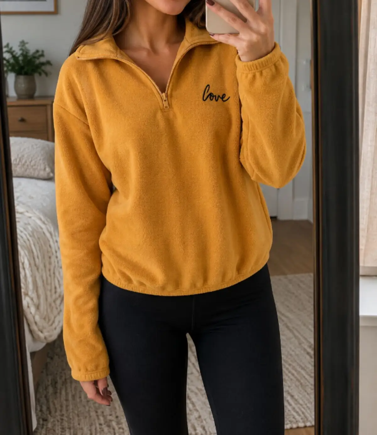 Yellow Fleece Quarter-Zip Pullover with Love Embroidery