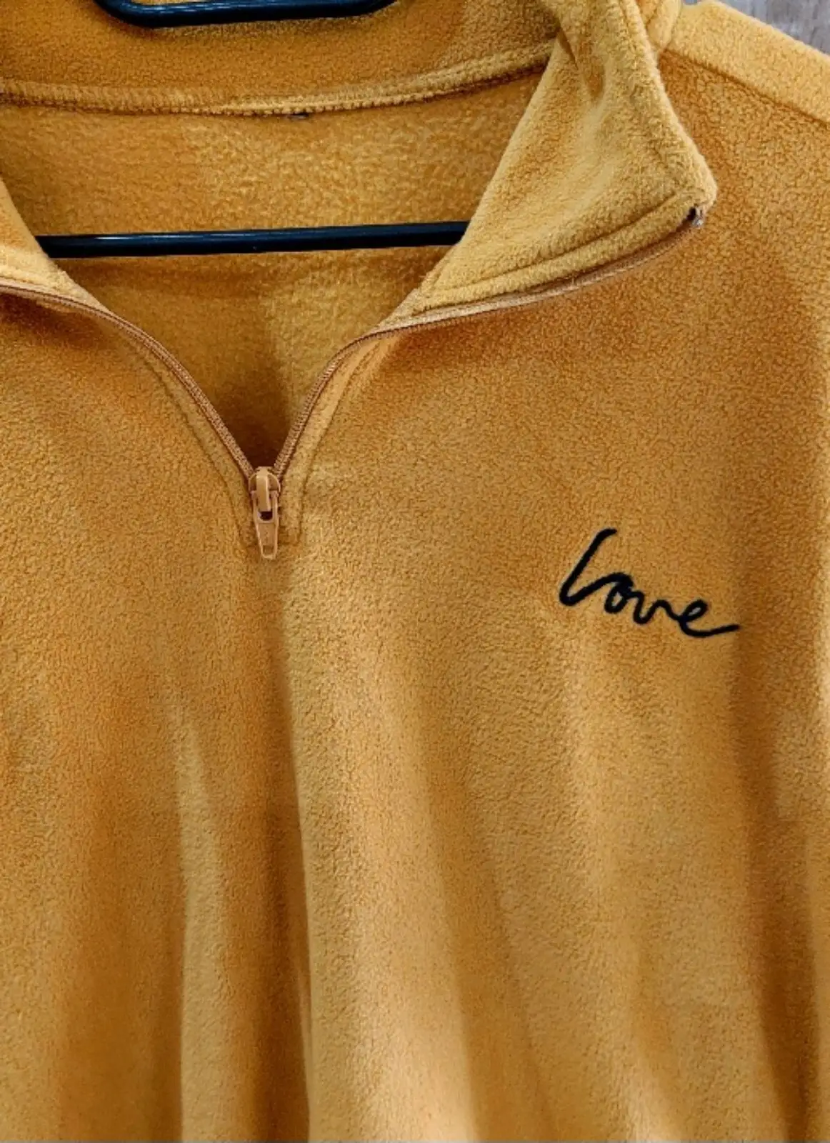 Yellow Fleece Quarter-Zip Pullover with Love Embroidery
