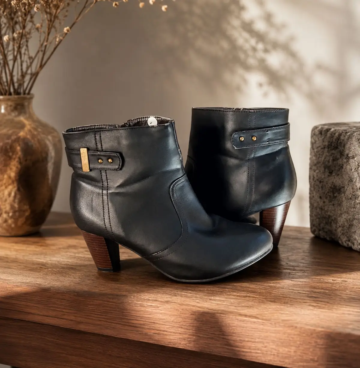 Generic Black Ankle Boots with Wooden Heel Size 7