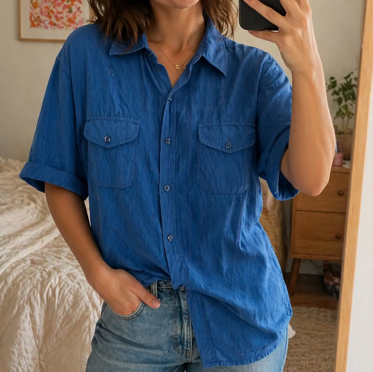 Blue Corduroy Short Sleeve Button-Up Shirt
