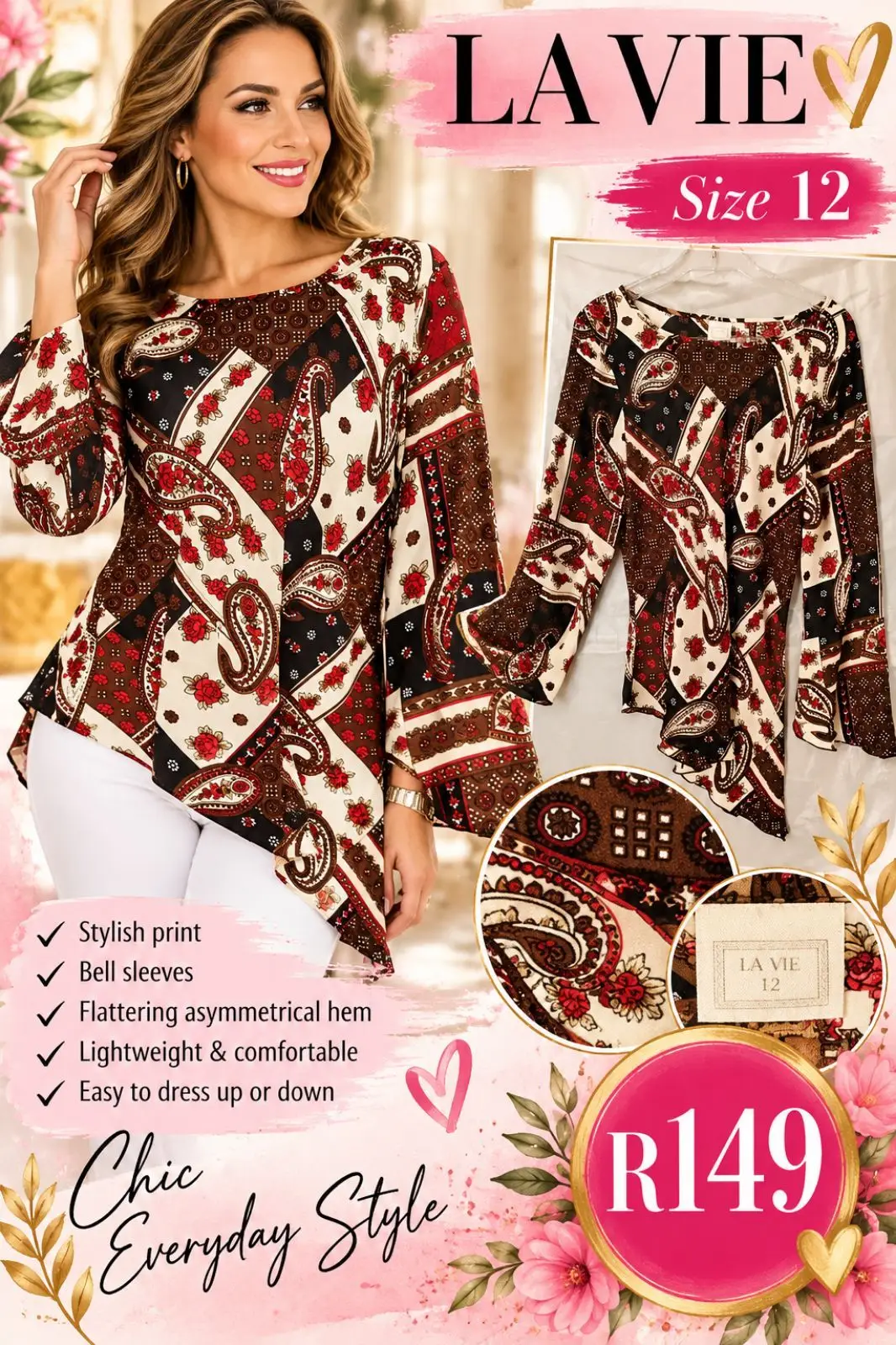 La Vie Printed Asymmetrical Bell Sleeve Top