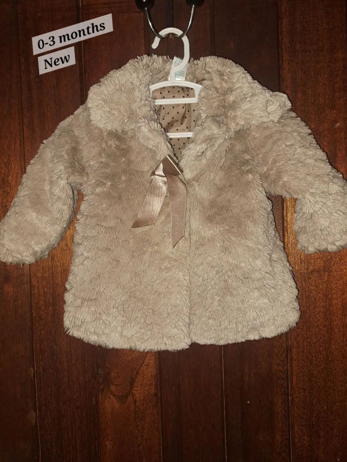Fuzzy Beige Coat with Ribbon Detail