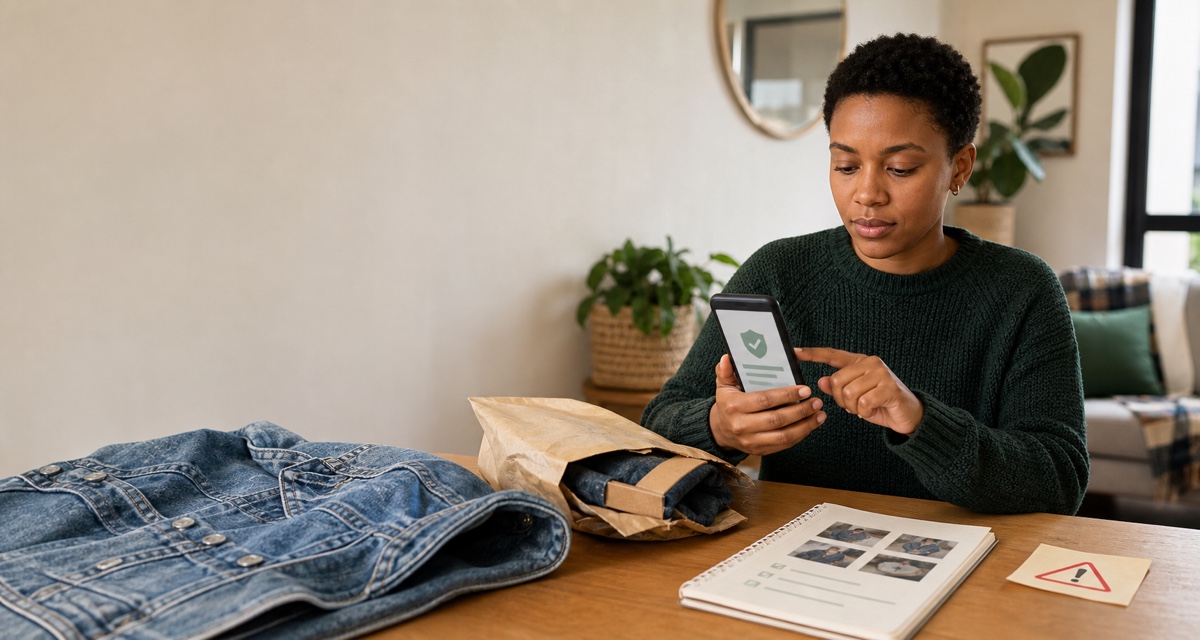 Editorial illustration of a South African online seller checking a generic payment-security screen beside a packed clothing order and warning note.