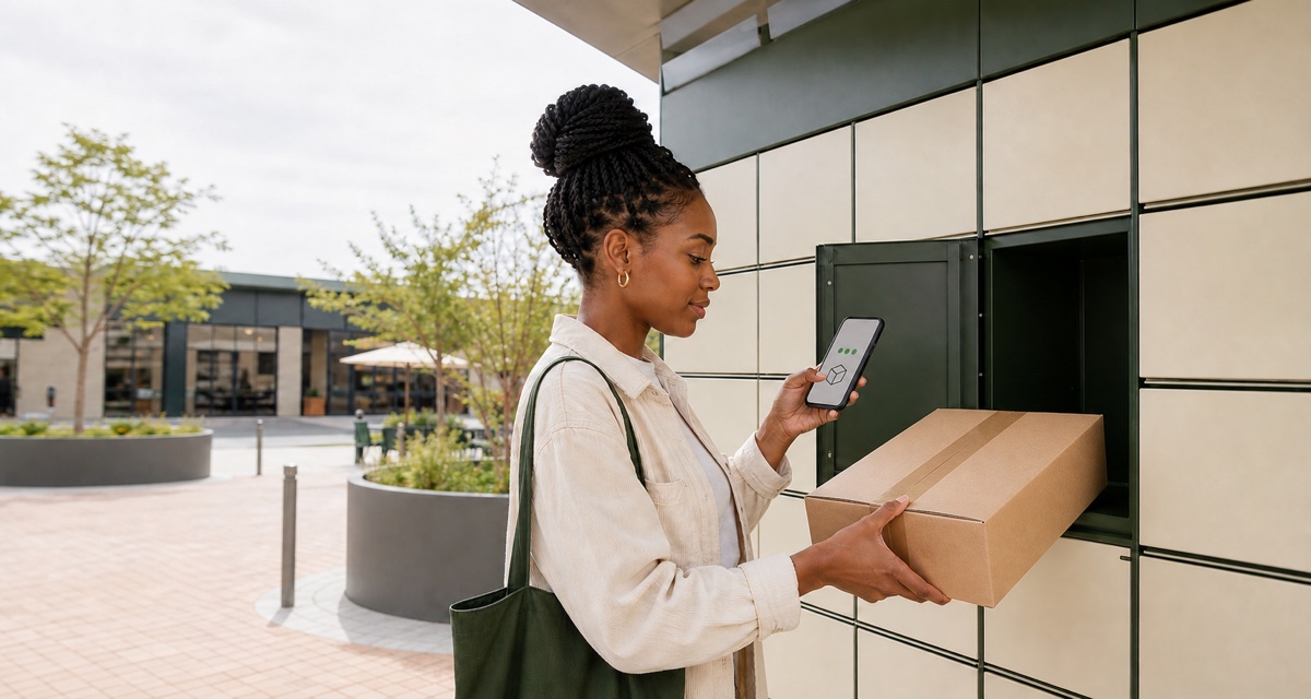 Editorial illustration of a South African seller holding a cardboard parcel at a generic parcel locker while checking a conceptual phone screen.